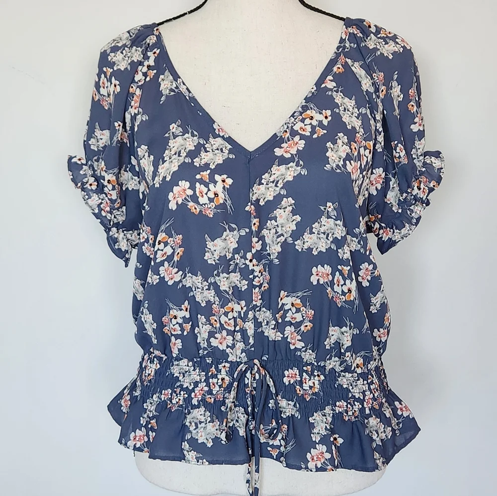 Sienna Sky Boho Puff Sleeve Ruffle Blue Floral V Neck Top Cottagecore M - Picture 3 of 11